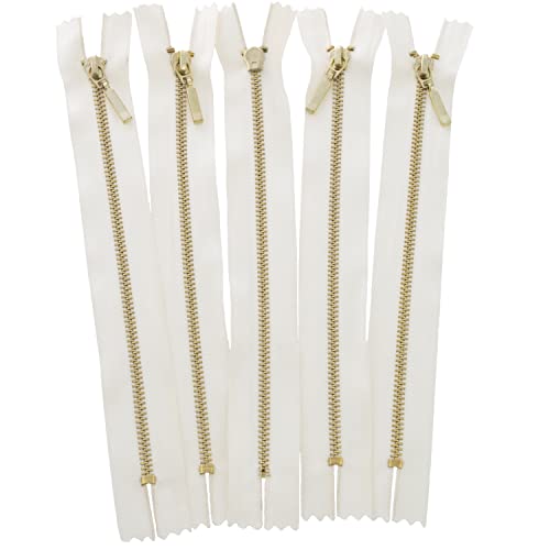 AERZETIX - C61468 – Set of 5 Non-Separable Zippers in Metal with Decorative Handle – Colour: Silky White – Cursor Jeans Leather Vests Sewing Dress Trousers Haberdashery