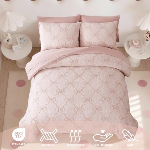 Image of BLOOMHAVEN Queen Comforter Set for Girls, 7 Pieces Pink Bow Bedding Set, All Seasons Bed in a Bag with Sheets, Pillowcases & Shams