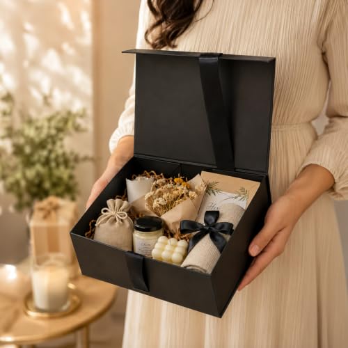 Image of Kura by Ekhasa Foldable Large Multipurpose Gift Hamper Box (21.5 x 21 x 9.5 cm) with Magnetic Closure & Ribbon | Black Rigid Cardboard Empty Reusable Packing Box | Birthday, Wedding & Festive Gifting