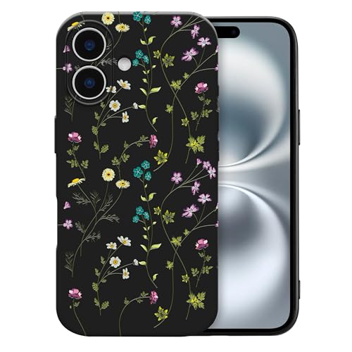 RALEAVO Flower Case for iPhone 17, Liquid Silicone Shockproof Protection Case Cover for Girls Women with Aesthetic Cute Floral Patterns Soft Slim Phone Case for iPhone 17-Black