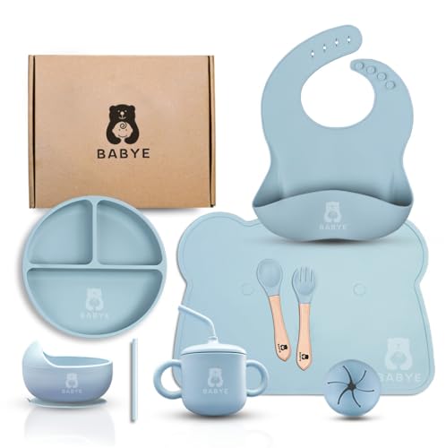 Image of BABYE Silicone baby feeding set, baby led weaning set, toddler plates and bowls set, baby dinner set, silicone bowl plate set, baby dishes and utensils, baby dishes set.