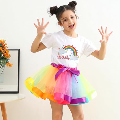 Image of Rainbow Birthday Outfits for Girls-T-shirt,Tutu Skirt Dress,Ruffle Socks,Headband,Unicorn Gifts for Girls