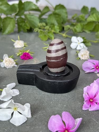 Image of Shivam VASTU AKAL 1.5 inch Original Narmadeshwar Narmada Shivling with 3 inch Narmada Stone Yoni Base Jaladhari (Janeudhari Shivling, Black Flate Jaladhari)