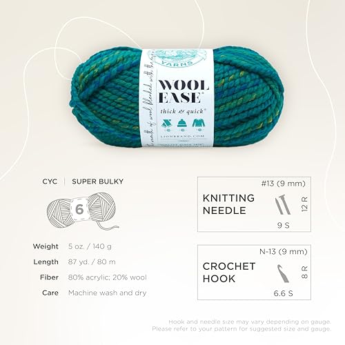 Lion Brand Yarn Wool-Ease Thick & Quick Yarn, Soft and Bulky Yarn for Knitting, Crocheting, and Crafting, 1 Skein, Bluegrass