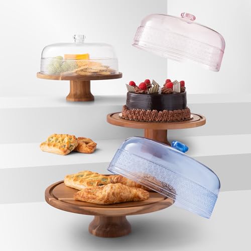 Godinger Cake Stand, Footed Cake Plate with Dome, Acacia Wood and Shaterproof Acrylic Lid, Wood Cake Stand with Dome Vintage Romantic Décor - Image 3