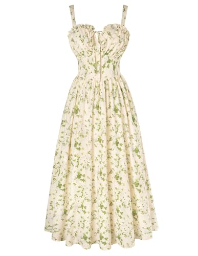 Summer Dress for Women 2026 Floral Milkmaid Sundress Midi Corset Dress Beige Green Floral 2XL