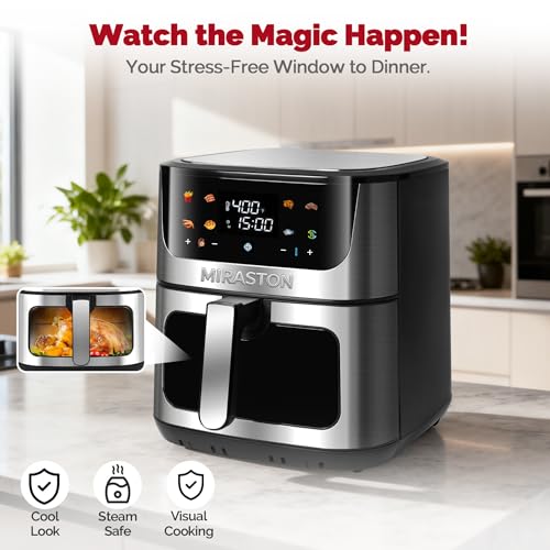 Image of Large 8.5QT Air Fryer with Color Touchscreen and 8 Presets, Large Family Size Airfryer with Visual Window for Fast Healthy Cooking, Reheat, Dishwasher Safe, Gift Box Included, Stainless Steel