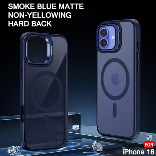 Image of TheGiftKart Hybrid Matte Frosted Back Cover Case for iPhone 16 Compatible with MagSafe | Built-in Stand | Shockproof Hard Back Cover Case for iPhone 16 (PC & TPU, Translucent Blue)