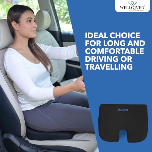 Image of WELLGIVER Memory Foam Car Seat Cushion for Driving - Orthopedic Seat Cushion for Car & Office Chair, Tailbone & Sciatica Pain Relief, Ergonomic Coccyx Support Pillow with Breathable Cover