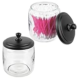 mDesign Bathroom Vanity Glass Storage Organizer Canister Apothecary Jars for Cotton Swabs, Rounds, Balls, Makeup Sponges, Blenders, Bath Salts - 2 Pack - Clear/Matte Black