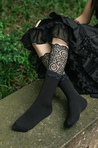 Womens Lace Cotton Socks Transparent Mesh Ruffle Dress Calf Socks (Black, 1 Pairs Thicken)3