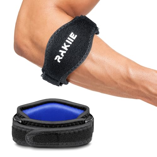 Image of Rakiie Elbow Brace for Tendonitis, Adjustable Golf and Tennis Elbow Relief for Men and Women (1, Dark Blue-1 Pack)