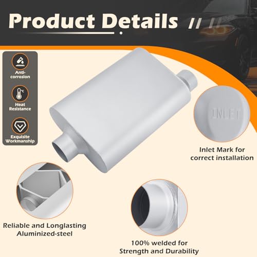 Image of A-KARCK Universal Exhaust Muffler 2.5 inch Offset Inlet 2.5 inch Dual Outlet, 17.3 inch Overall Length Aluminized Steel Aggressive Sound Race Muffler for Cars, Trucks