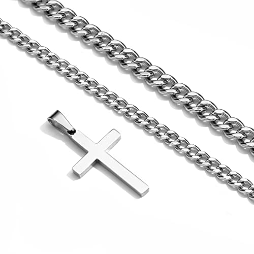 Zocomi Layered Cross Necklace For Men Boys Stainless Steel Cross Pendant Cuban Link Chain Religious Christian Christmas Gift Valentine's Day Him(Silver) #TOP2