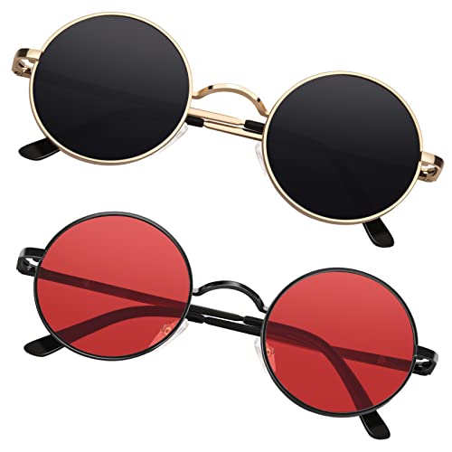 Sunier Ronde Lunettes de Soleil Polarisées pour Homme Femme Style Retro Vintage Lennon en Cercle Métallique UV400 Lunettes de Soleil