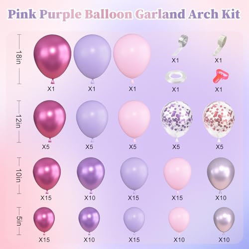 Image of Ouddy Life 157 Pcs Pink Purple Balloons Arch Garland Kit,Metallic Light Pastel Pink Purple Confetti Latex Balloon Different Size for Birthday Bridal Baby Shower Wedding Mothers Day Party Decorations
