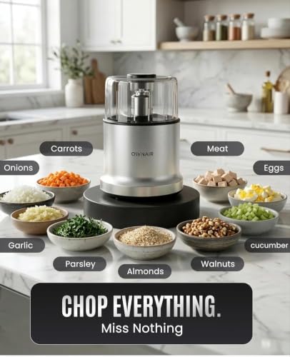 Image of Ownair Chopper Electric for Kitchen - 800W Pure Electric Copper Motor, 300ml Vegetable Chopper with Stainless Steel Blades, Safety Lock, Transparent Lid - Compact Kitchen Food Processor (Grey)