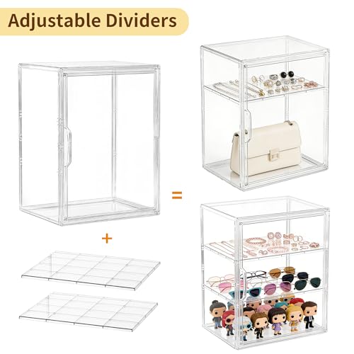 Image of Attelite Acrylic Display Case for Collectibles, Clear Storage Bin with 3 Adjustable Layers, Stackable Storage Box with Magnetic Door for Figures, Home Office,Large,3 Tier Clear Storage Bin,2Pack
