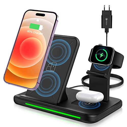 4 en 1 Cargador Inalámbrico Rápido Estación de Carga Rápida con Adaptador QC 3.0 Cable de Carga Type C Wireless Charger de Carga Inductiva Base de Carga Rápida Compatible con iPhone iWatch AirPods