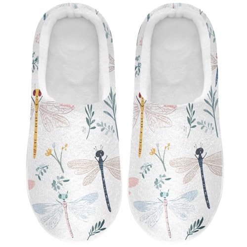 JUNZAN Cute Dragonfly White Mens Home Cotton Slipper Non Skid Memory Foam Guest Slippers for Outdoor Funny Presents 6-7