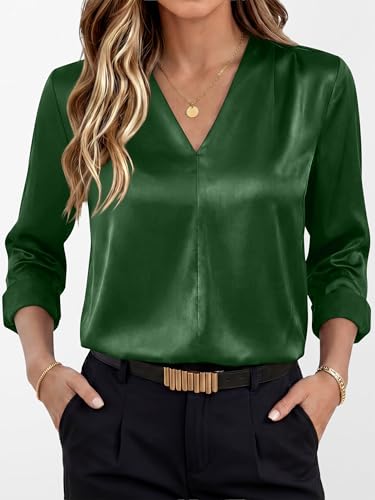 ANRABESS Women's Satin V Neck Long Sleeve Blouse Shirts,Green,S — view 6