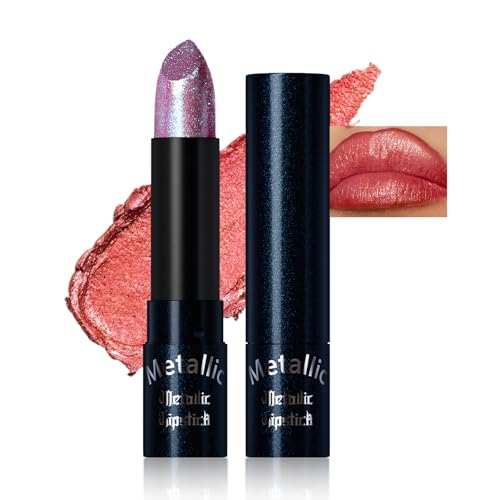 Metallic Glitter Lipstick, Shimmer Red Lipstick For Women, Highly Pigmented Full Coverage Lipcolor Makeup, Lightweight Creamy Formula Lip Crayon, Non-Sticky Long-Lasting (Rose Red)