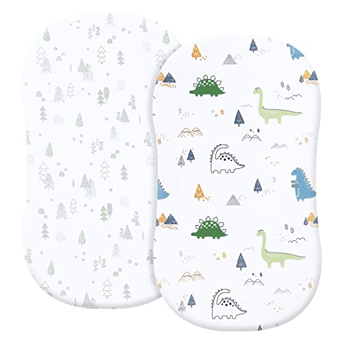 Image of PHF Soft Bassinet Sheet Set, 2 Pack Silky Comfy Breathable Cradle Sheets for Baby Boys Girls, Univeral Fit for Most Cradle and Bassinet Mattress, Dinosaur & Woodland
