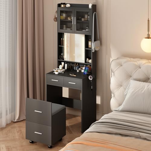 Small Vanity Desk with Sliding Mirror and LED Lights, Makeup