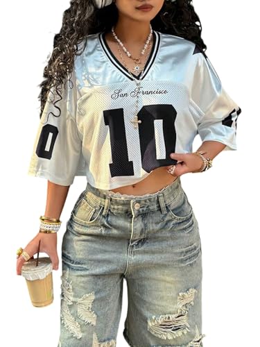SweatyRocks Women's Number Jersey Y2k Shirts Baggy V Neck Crop T Shirt Half Sleeve Oversized Tops