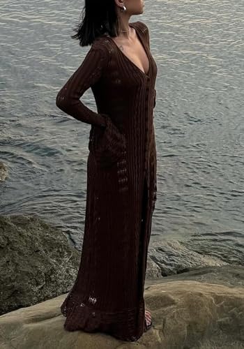 Image of Unybwonn Long Cardigans for Women Crochet Hollow Out Knit Sweater Cover up Maxi Dress Long Sleeve Button Down Cardigan