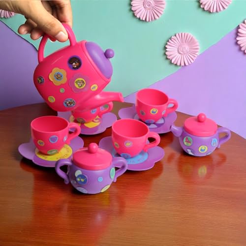 Image of Barbie Tea Party Set for Kids by GENIE'S TOY BUS | Tea Party Set Including Cups, Saucers,Tea Pot,Sugar Bowl, 2 Color Sheets, etc | Kitchen Toy Gift for Toddler Kids Girls 3 Yrs+ | ( Pink Color )