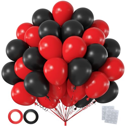 60pcs Red and Black Balloon Kit 12 Inch Bold Red Black Balloons for Graduation 2026 New Years Eve Halloween Casino Night Wedding Party Decorations (with Ribbons & Glues)