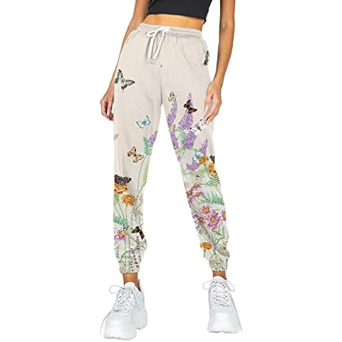 Bolonwzi Laufhose Damen Sommer Weites Bein Elegant Yogahosen Fitness Hose Pumphose Haremshose Blumenmuster Hoher Taille Hose Gerades Bein Sommer Aladinhose Caprihose Jahrgang Hippie Punk Streetwear Cover