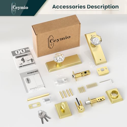 Image of Glass Door Knobs with Single Cylinder Deadbolt Lock Set - Brushed Gold Crystal Passage Knob for Interior /Exterior Doors - Vintage Diamond Bedroom Bathroom Closet Handles