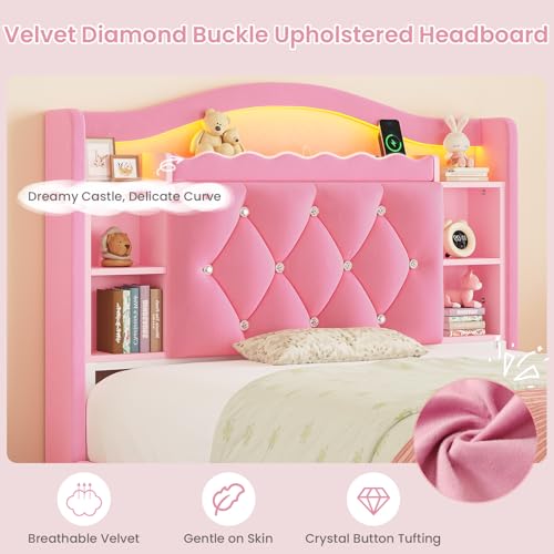 Image of DICTAC Twin Size Bed Frame for Girls with Storage Drawers, Bookcase Headboard, LED Lights and Power Outlets, Diamond Tufted Velvet Upholstered Princess Platform Bed, Heavy-Duty Metal Support, Pink