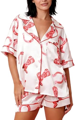 Image of Yiulangde Women's Easter Pajamas 2 Piece Sets Satin Short Sleeve Preppy Easter Eggs Bunny PJs Outfit Button Up Loungewear Set