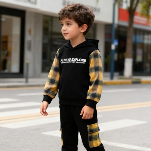 Image of OLMRJKD Toddler Baby Boy Clothes Plaid Long Sleeve Hoodie Sweatshirt + Pants 2pcs Boys Outfit Set