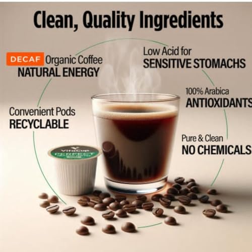 VitaCup Organic Perfect Dark Roast Decaf Coffee Pod for Pure & Clean Energy, Antioxidants, Low Acid, Peru Single Origin in Recyclable Single Serve Pod compatible w/Keurig K-Cup Brewers,16CT