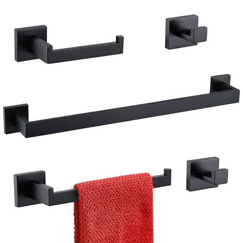 Image of TURS 5-Piece Bathroom Hardware Set Square Towel Bar Toilet Paper Holder Hand Towel Holder and 2 Towel Hooks, Matt Black SUS 304 Stainless Steel Wall Mounted, Q7BK-P5