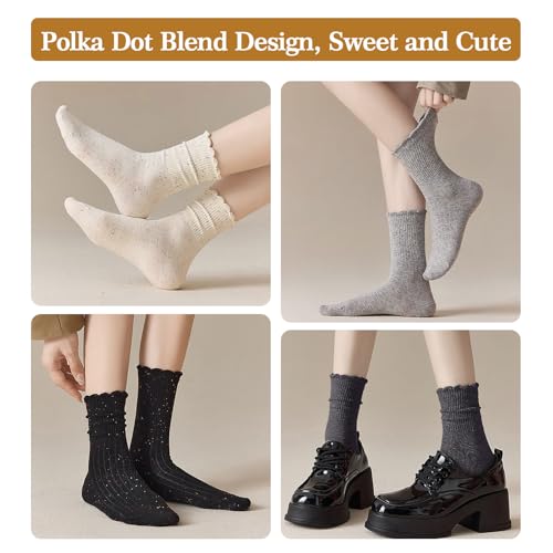 Image of YOYOU Ruffle Crew Socks Women, Frilly Socks, Girly Scalloped Lettuce