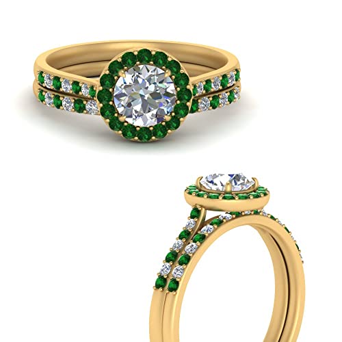 Image of Choose Your Gemstone Round Halo Ring with Matching Pave Band Yellow Gold Plated Round Shape Wedding Ring Sets Everyday Jewelry Wedding Jewelry Handmade Gifts for Wife US Size 4 to 12