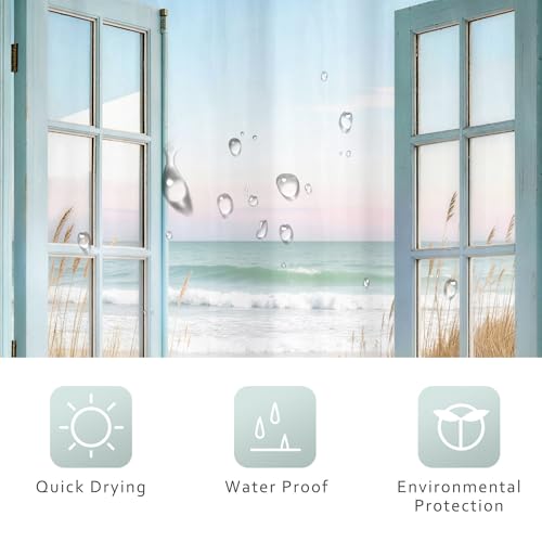 Image of Riyidecor Blue Beach Barn Door Shower Curtain 48Wx72H Inch Narrow Summer Retro Teal Wood Hawaii Sea Path Rustic Ocean Coastal Seaside Country Bathroom Decor Fabric Polyester Waterproof 8 Pack Hooks