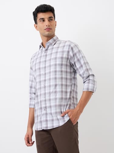 Image of Raymond Men Slim Fit Checks Pattern Pure Cotton Regular Collar Full Sleeve Casual Shirt Grey