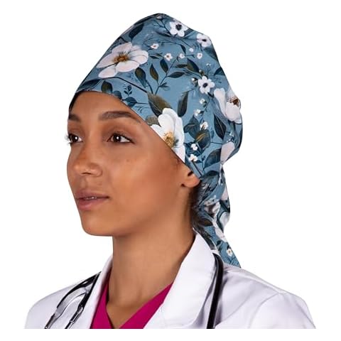 DOKTORAM Blue Flower Printed Colorfull Ponytail Surgical Caps for Women Long Hair - Adjustable Scrub Hats with Sweatband and Ribbon Tie for Medical Professionals Cover
