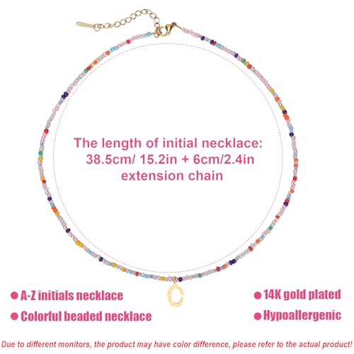 for Women Girls Letter PendantSummer Necklaces, Bohemian Beaded Necklace Colorful Beaded Initial Necklace Handmade Jewelry Gifts for Teens(C)2