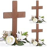 Rivvlive 3 Sets Baptism Centerpieces Table Decorations First Communion Wooden Cross Ornament Set with Lily Candle Ring Wreath Purple Ribbon with Stands for Baptism Baby Shower Wedding (Dark Brown)