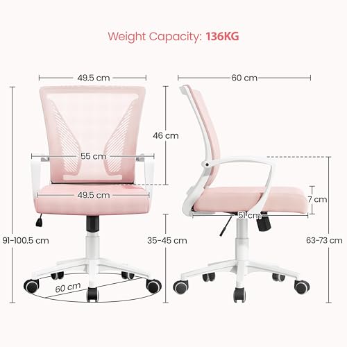 Yaheetech Bürostuhl Ergonomisch mit Netzbespannung Atmungsaktiv, Rosa – Ansicht 3