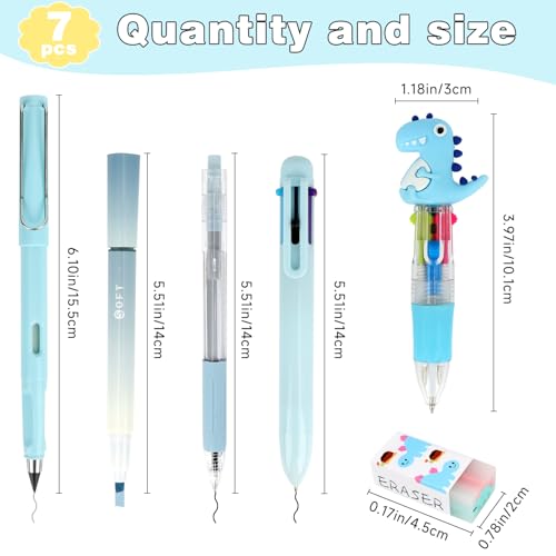 MOTIBACK 6-teiliges Dinosaurier 4-Farben Kugelschreiber Set – Komplettes Set für Studium und Büro mit Kugelschreiber, Bleistift und Radiergummi (Blau)