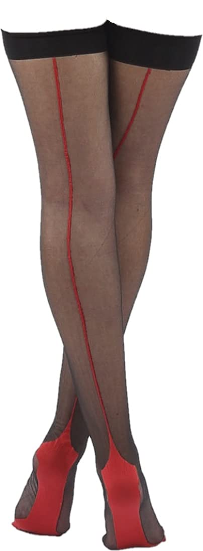 Classified Women's Black With Red Seam Sexy Black Red Nude White Cuban Heel Stockings Back Seam Seamed Welt Retro Size M 8 10 12 14 16 (Black With Red Seam)