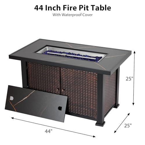 44 Inch Propane Outdoor Fire Pit Table, 50000BTU Rectangle Fire Pit Table, Rattan Panel, Tempered Glass Tabletop, CSA Safety Certified, Companion for Your Garden Yard